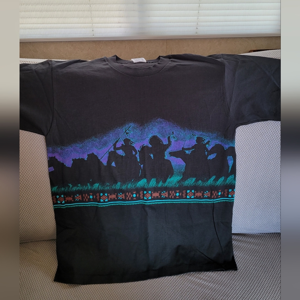Black Graphic T-Shirt with Purple and Green Design L
